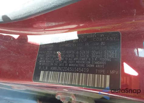 2005 Hyundai Tucson Gls/Lx z USA, uszkodzony, nr VIN KM8JN12D45U145419